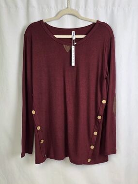 Women's Burgundy Long-Sleeve Button Accent Top NWT